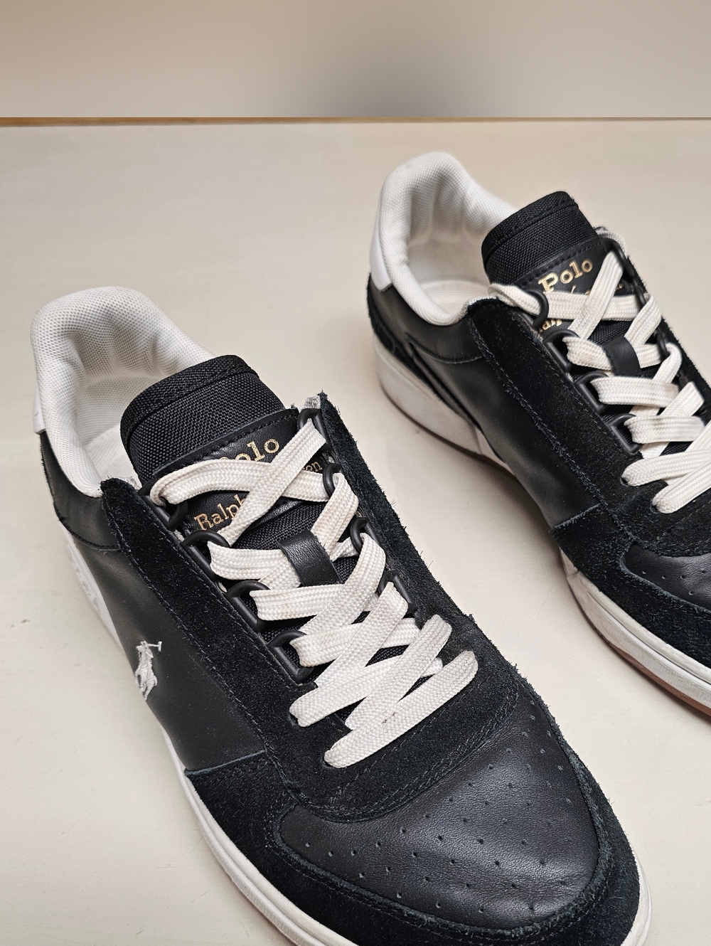 Size 8.5 - POLO RALPH LAUREN - Mens Shoes Court Leather Suede Sneakers Black Gum